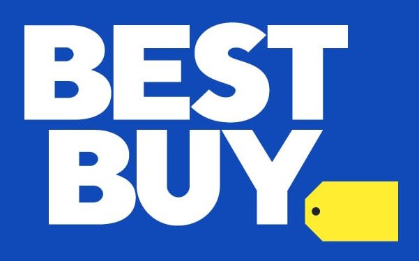 Logo of Best Buy with bold white letters on a blue background.