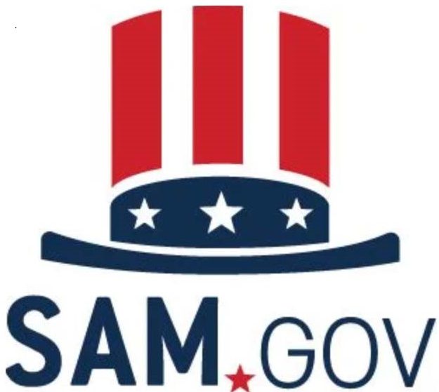 Logo of SAM.gov featuring a patriotic Uncle Sam hat design.