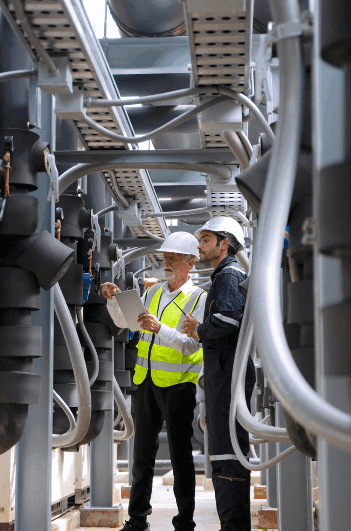 Two workers inspecting industrial equipment with plans.